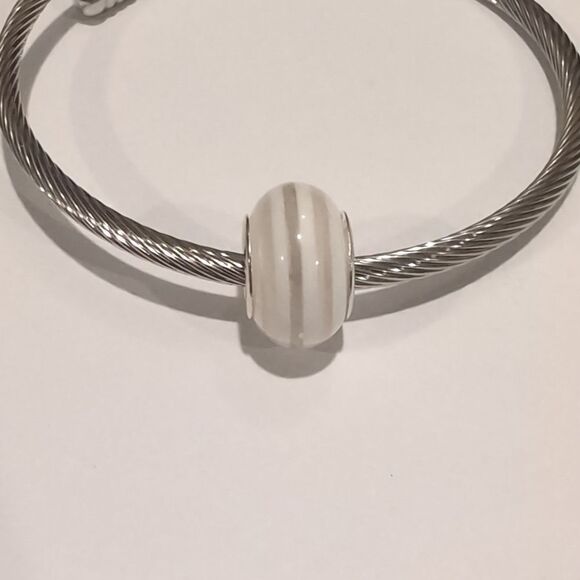 Silver Clear and White Striped‎ Charm for Pandora Style Bracelet - Picture 2 of 4